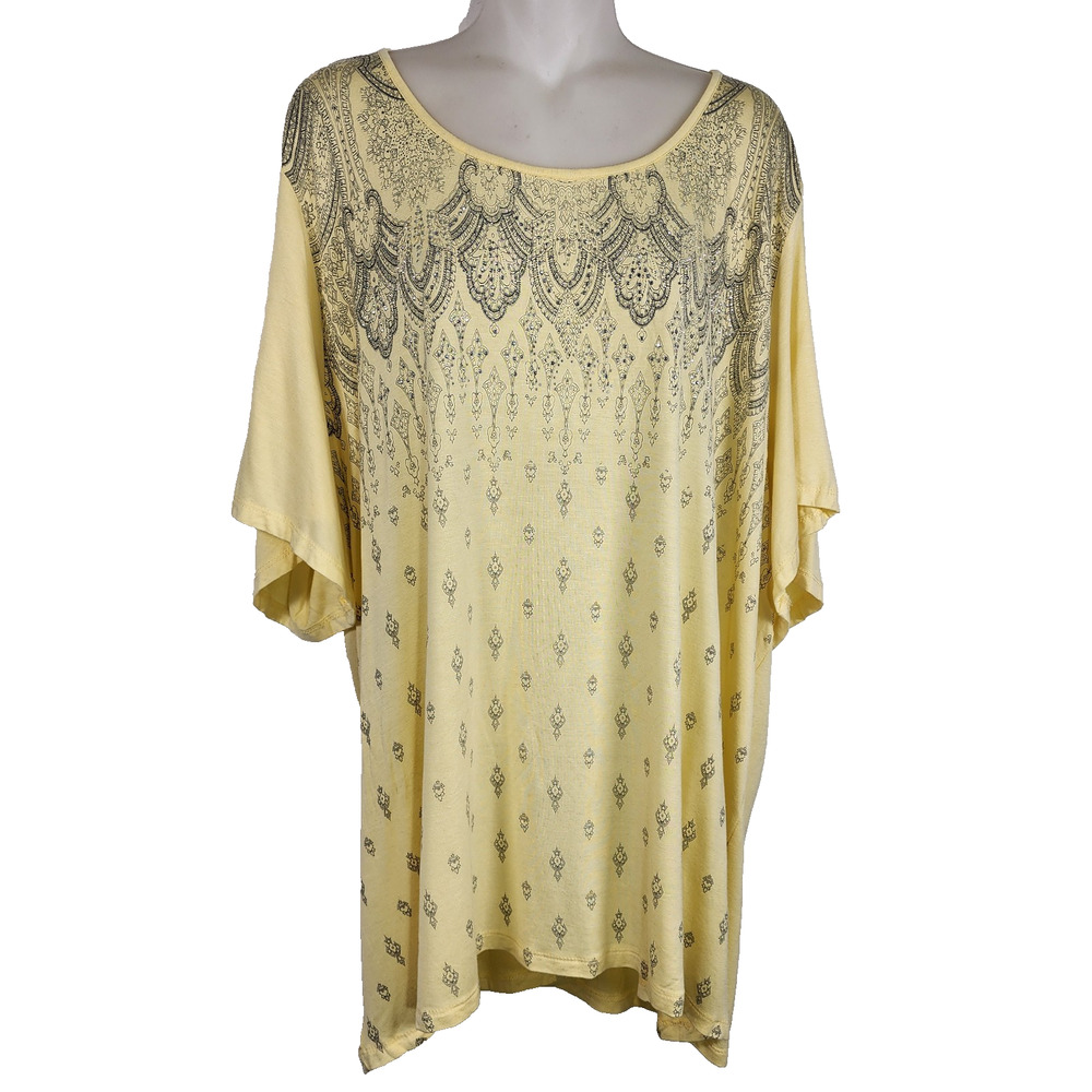 Catherines Womens Tunic Top 2X Yellow Lace Back Printed Beaded Short Sleeve Knit